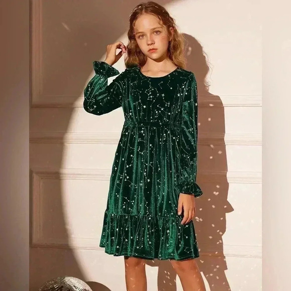 GRACE KARIN Girls Fall Velvet Dress Long Sleeve Ruffle Sparkle Party Dress Sz 8 - Picture 1 of 13